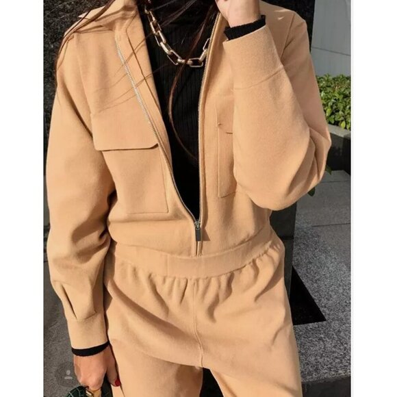 Zara Knit Camel Beige wide Leg Jumpsuit S - Picture 2 of 6